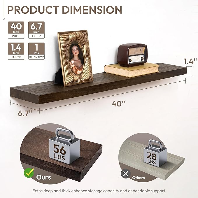 Marsmiles 40 inch Floating Shelves for Wall Solid Elm Wood Wall Mounted Shelves|Rustic Long Floating Shelves with Invisible Bracket for Bathroom Living Room Kitchen|Walnut, 1 Pack