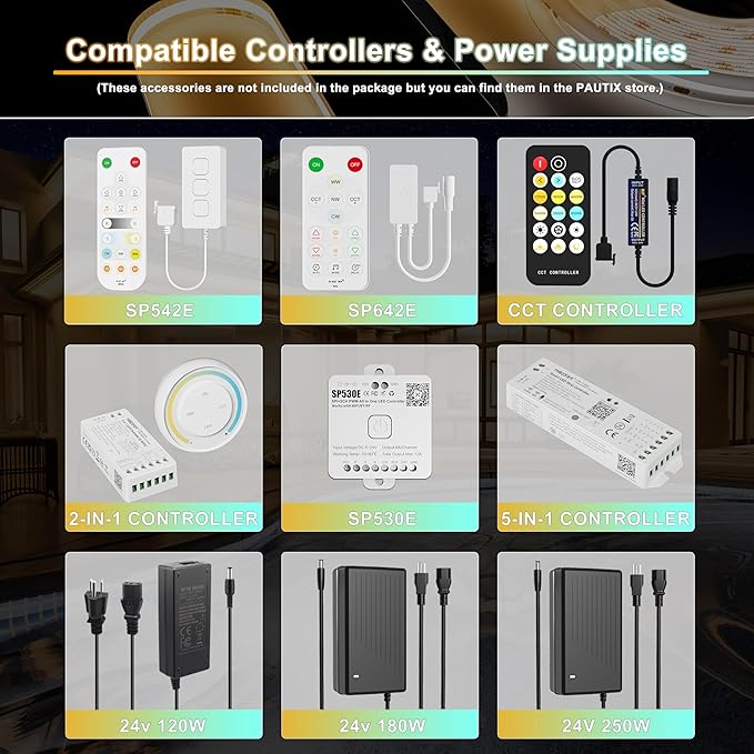 PAUTIX COB LED Strip Light CCT Tunable White IP65 Waterproof,CRI90+ 24ft/7.5m 2700K-6500K Dimmable 24V LED Tape Light,for Under Cabinet Bedroom Kitchen DIY Lighting(Adapter&Controller NOT Included)