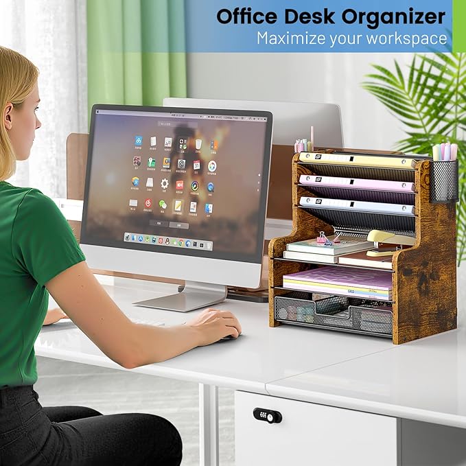 6-Tier Mesh Desk Organizer with Drawer, Wooden Office Organizer for Papers, Folders & Office Supplies - Sturdy Desktop File Holder with 2 Pen Holders - Space Saving Home Office Accessories