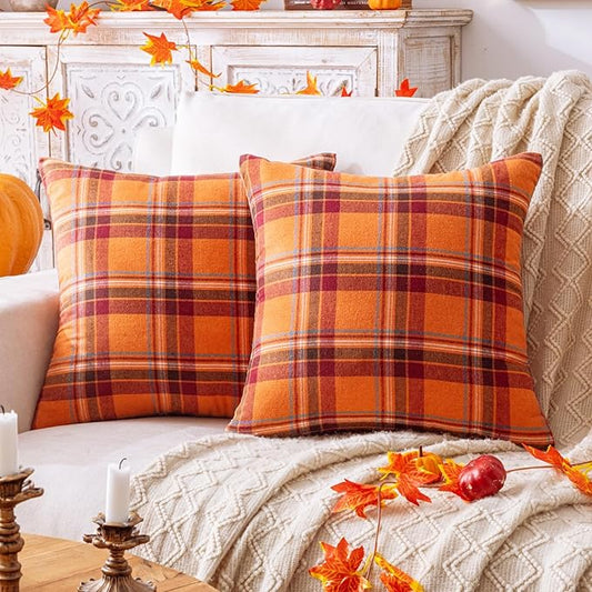 Fall Plaid Orange Red Throw Pillow Covers 18x18 Inch, Set of 2 Autumn Decorative Throw Pillows for Couch Sofa Bed Living Room Home Decor, Accent Pillow Cases for Farmhouse Couch Cushion Covers