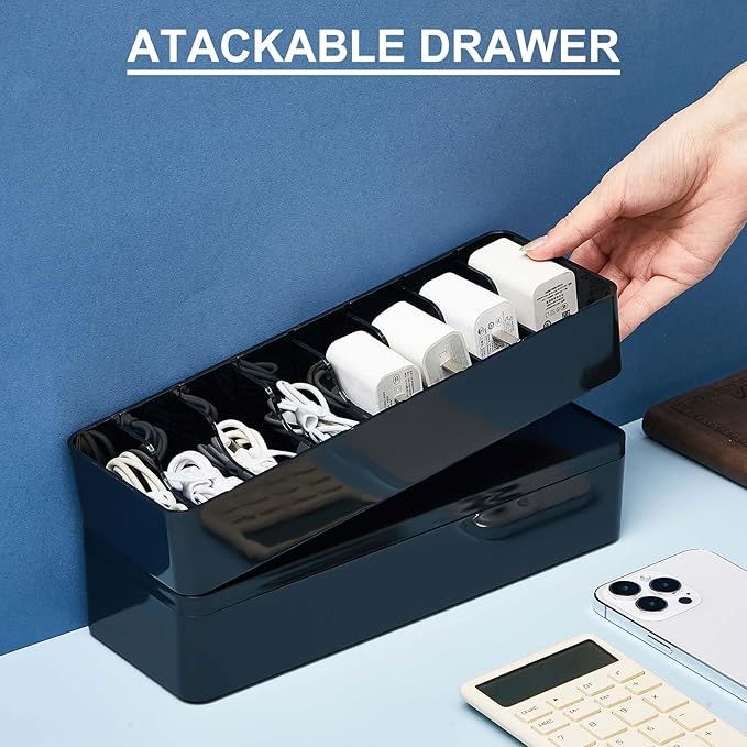 Tatuo 1 Pcs Cable Organizer Box with Wire Ties, Plastic Cord Storage Box with Lid, Electronics Organizer for Home Office Desk Organizers and Accessories (10.79'' X 3.78'' X 1.97'',Black)