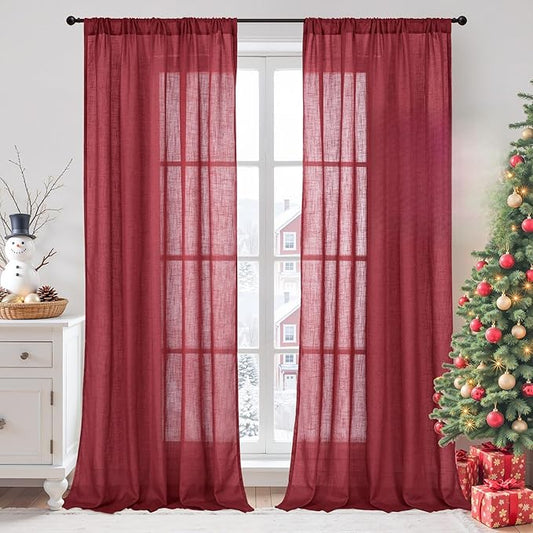 BGment Burgundy Semi Sheer Curtains for Living Room 84 Inch Length 2 Panels Set, Linen Textured Window Drapes Light Filtering with Rod Pocket for Bedroom Christmas Decor Lightweight, 52 X 84 Inch