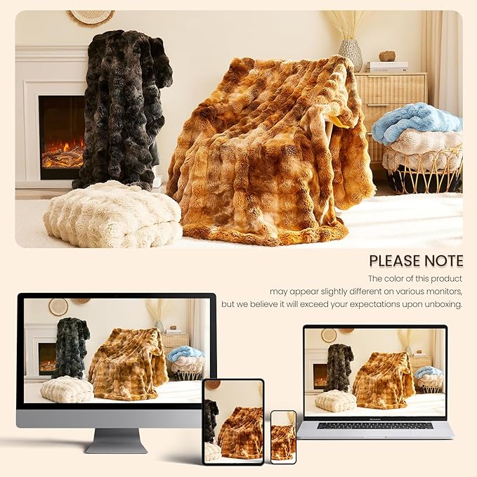 L'AGRATY Faux Rabbit Fur Blanket: 90" x 90" Queen Luxury Soft Fluffy Thick Fur Throw Blanket for Couch Bed Sofa - Cozy Plush Bubble Blankets for Winter: Flannel Fleece Decorative Blanket(Black)