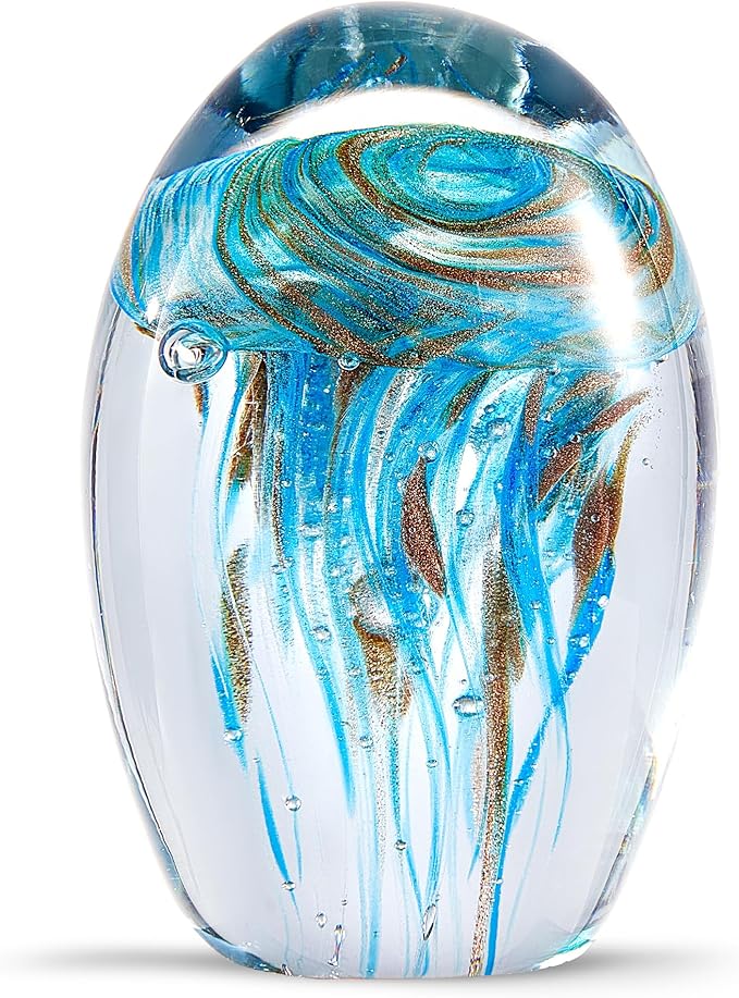 EUSTUMA Hand Blown Glass Jellyfish Figurine Ornament,Sea Animal Ornament for Fish Tank Aquarium,Sea Animals Collection for Birthday Gift,Office Glass Paperweight for Desk.