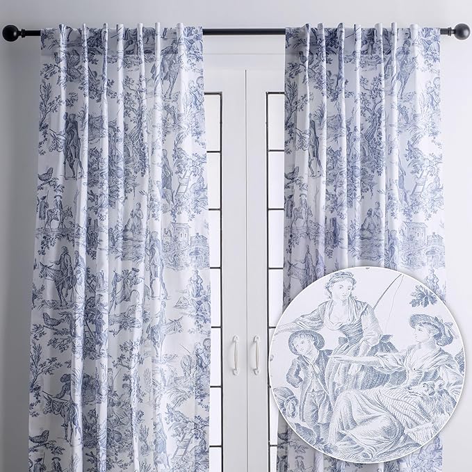 Maison d' Hermine Curtains for living room 100% Cotton 96 inch length Two Panels Light Filtering Toile Curtains for Bedroom with rod and loop Pockets (The Miller Blue (White Background), 50"W x 96"L)