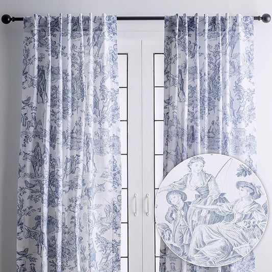 Maison d' Hermine Curtains for living room 100% Cotton 96 inch length Two Panels Light Filtering Toile Curtains for Bedroom with rod and loop Pockets (The Miller Blue (White Background), 50"W x 96"L)