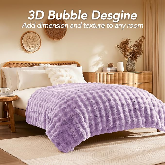 L'AGRATY Faux Fur Throw Blanket: 60" x 80" Luxury Soft Fluffy Rabbit Fur Blankets Twin for Couch Bed Sofa - Cozy Plush Bubble Blankets for Winter: Flannel Fleece Decorative Blanket(Purple)