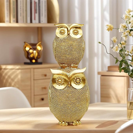 Stack Owl Statue for Home Decor, Elegant Resin Owl Figurine Collection, Unique Gift for Housewarming/Office/Christmas (9.3", Gold Glitter)
