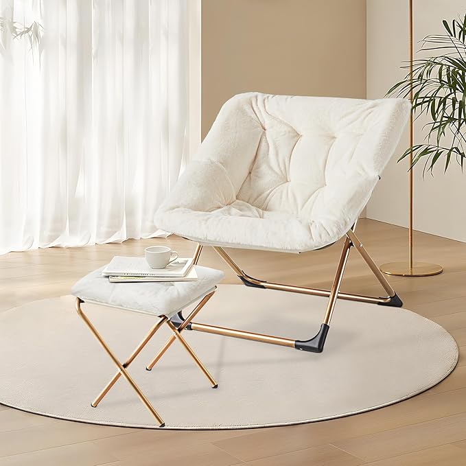Comfy Oversized Saucer Chair with Ottoman,Soft Faux Fur Reading Lounge Chair for Adults,Stable X-Large Metal Frame and Non-Slip Pad,Cozy Chair for Bedroom, Living Room, Dorm, Office, Beige