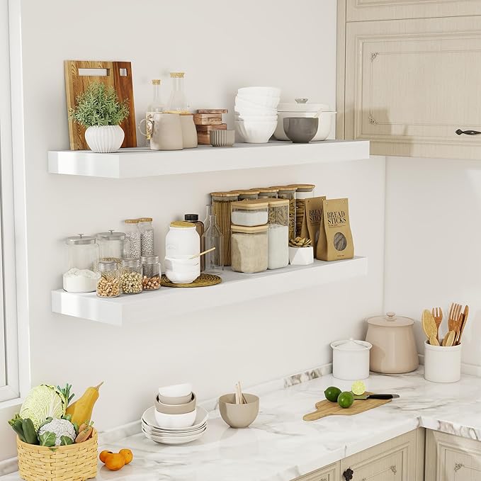 48 Inch Floating Shelves, 12" Deep Floating Shelf Wall Mounted, 48" Wall Shelves, Rustic Deep Bookshelf, Extra Deeper & Thicker Display Shelves for Bedroom, Living Room, White, Set of 2