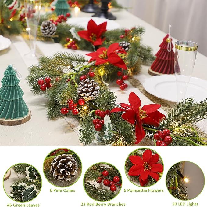 ATDAWN 9 FT Christmas Garland with Lights, Battery Operated Christmas Garland, Garland with Red Berry, Pine Cone and Poinsettia for Indoor Home Winter Holiday New Year Xmas Decorations