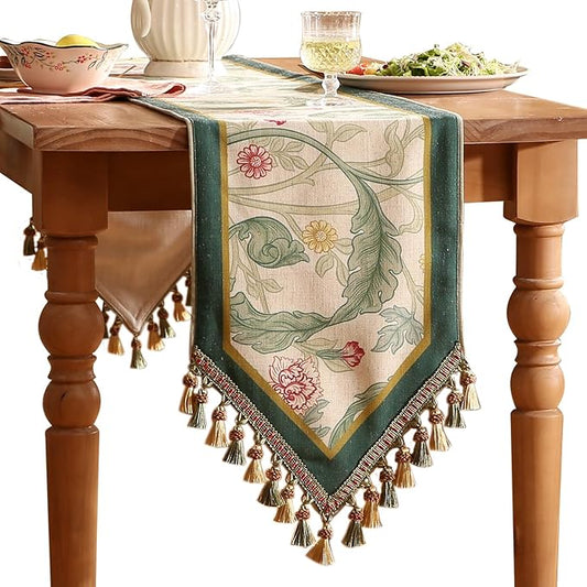 patdrea Designer Green Floral Table Runner,French Elegant Vibrant Rustic Linen with Green Leaves Patterns Fabric Table Mat,Decoration for Kitchen Dining Room Banquet Christmas ,12"*71"