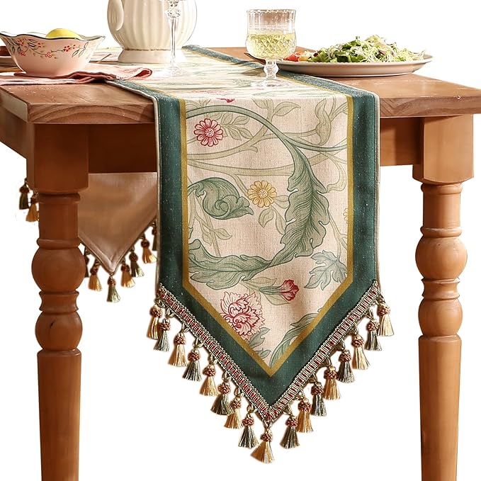 patdrea Designer Green Floral Table Runner,French Elegant Vibrant Rustic Linen with Green Leaves Patterns Fabric Table Mat,Decoration for Kitchen Dining Room Banquet Christmas,12"*102"