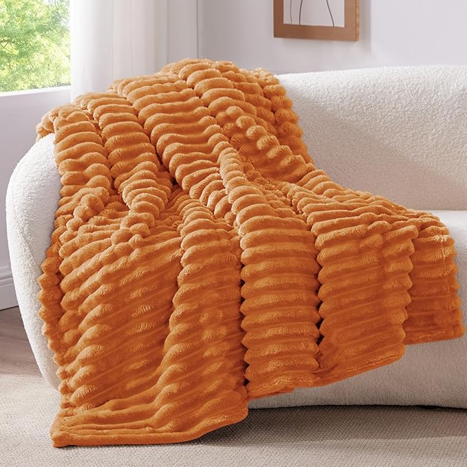 BEDELITE Fall Throw Blanket for Couch - 300GSM Soft & Warm Fluffy Fleece Blanket, Decorative and Giftable Burnt Orange Striped Blankets for Women, Men, 50"x60"