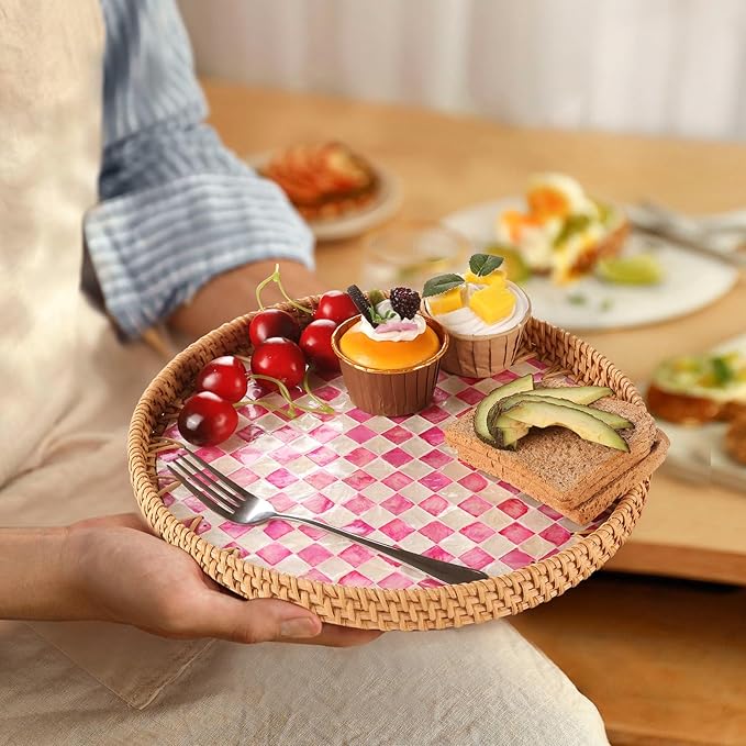 Round Rattan Tray with Mother of Pearl Inlay, Rattan Serving Tray for Coffee, Bread, Fruits, Decorative Wicker Tray for Table Decor, Home Decor, Kitchen Island Decor(Pink Checkerboard, 11.8")