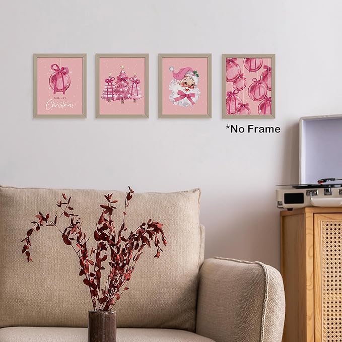TLESKE Pink Winter Merry Christmas Coquette Bow Posters Prints Unframed Set of 4 for Teen Girls Dorm Bedroom Living Room, Santa Claus Christmas Ball Pine Trees Wall Art Prints Pictures Decor, 8x10