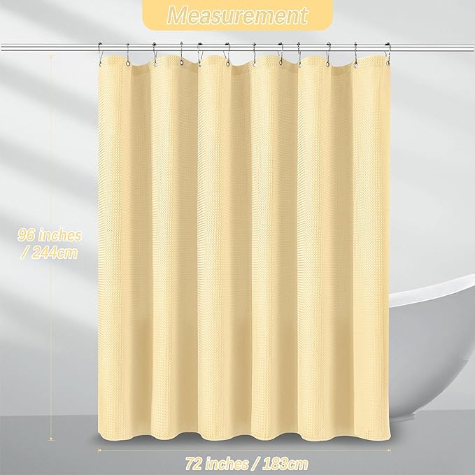Extra Long Shower Curtains 96 inch Beige Waffle Shower Curtain for Bathroom, Heavy Duty 256GSM Modern Shower Curtain, Machine Washable,Water Resistant with 12 Metal Hooks, 72Wx96H