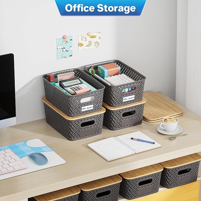 8 Packs Plastic Storage Bins with Bamboo Lids - Stackable Storage Bins Decorative Small Basket Containers for Organizing Shelves Office Classroom Desktop Closet, Grey