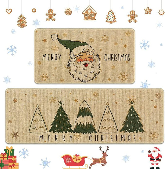Christmas Snow Santa Kitchen Rugs and Mats Non Skid Washable Set of 2, Xmas Kitchen Mats for Floor Decor