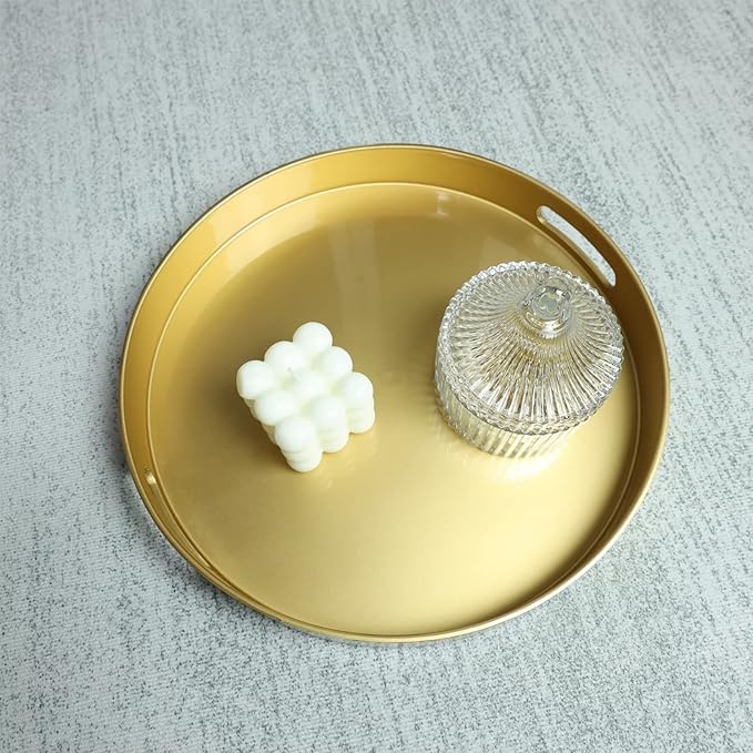 Spsyrine Round Gold Decorative Tray, 13" Plastic Serving Table Tray with Handles for Breakfast, Round Modern Ottoman Tray for Coffee Table, Bathroom, Kitchen, Living Room