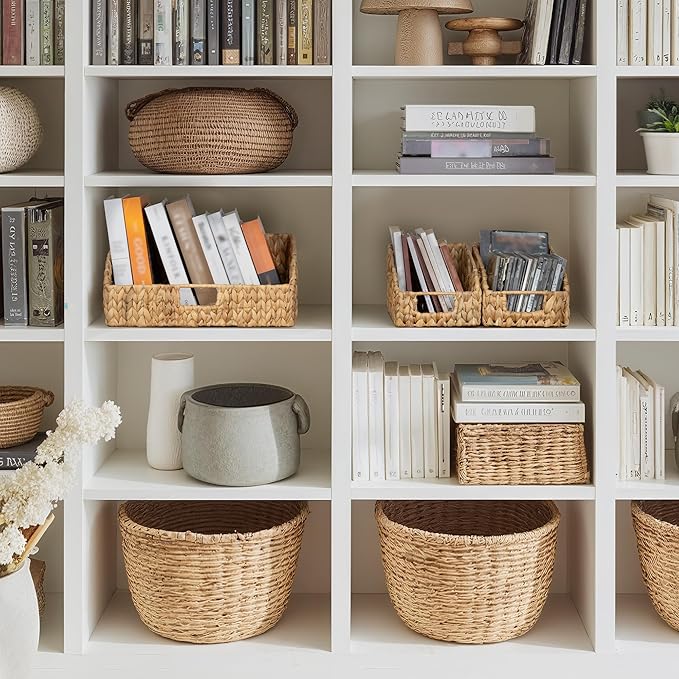 StorageWorks Water Hyacinth Pantry Storage Baskets, Wicker Baskets with Built-in Handles, Handwoven Shelf Baskets for Organizing, Pantry Organizers and Storage, 3 Pack