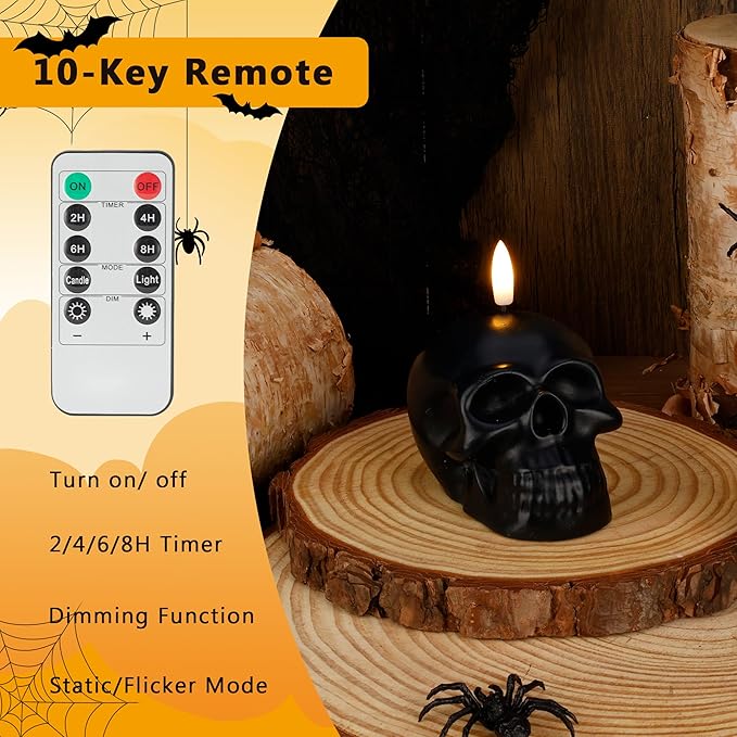 Halloween Flameless Candles with Remote, Real Wax Skull Battery Operated Candles, Flickering LED Fake Candle, Halloween Decorations for Table, Fireplace, Home, Party, Festival Decor