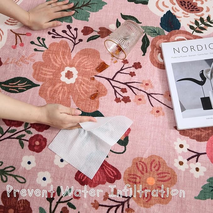 Rugcomf Area Rug 4x6 Rug Washable Boho Rugs Non Slip Low Pile Floral Small Carpet for Bedroom, Bedside, Kids Room, Office, Dining Room(Pink)