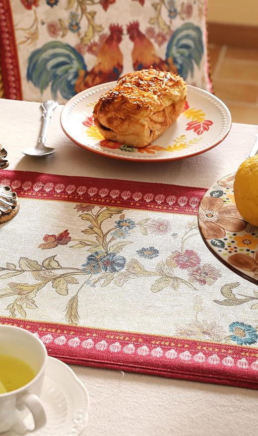 patdrea Designer Farmhouse Linen Table Runner, Rustic Cottage Mauve with Rooster and Floral Pattern Fabric Table Mat, Decoration for Kitchen Dining Coffee Table Banquet Christmas , 12"*87"