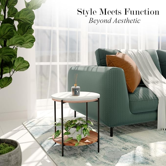 Lyra Round Marble End Table – Solid Acacia Wood Shelf, Open Storage Side Table for Living Room, Bedroom, Entryway, Small Spaces – Nightstand, Plant Stand, Modern Accent Table with Metal Frame