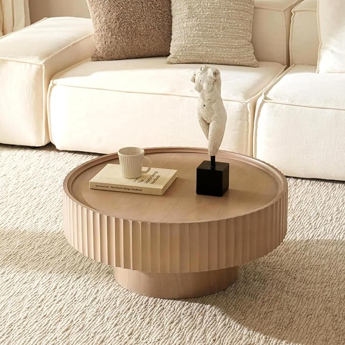 Round Coffee Table, Modern Living Room Tables with Mushroom Shape and Grooved Design, Large Coffee Tables, Circle Pinewood Center Table for Living Room, Apartment (Gray, 31.8''L×13.7''H)