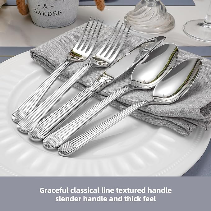 60-Piece 18/10 Stainless Steel Heavy Weight Flatware Set for 12, High End Thick Handle Silverware Set, Luxury Forged Striped Design, Dishwasher Safe