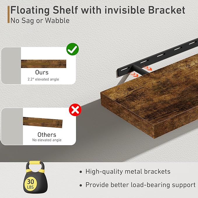 Deep Floating Shelves - 16" W x 9" D x 1.6" H Rustic Brown Wall Shelf - Wall Mounted Shelves for Decor & Storage - Wooden Shelves with Invisible Brackets for Living Room, Kitchen - Set of 2