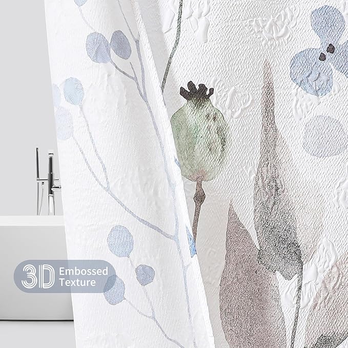 QiyI Watercolor Wildflowers Shower Curtain, Minimalist Grey Poppies Cloth Bath Curtain, Embossed Butterflies Botanical Flower Bathroom Curtain, Waterproof Fabric Shower Curtain Set with Hooks, 72x72