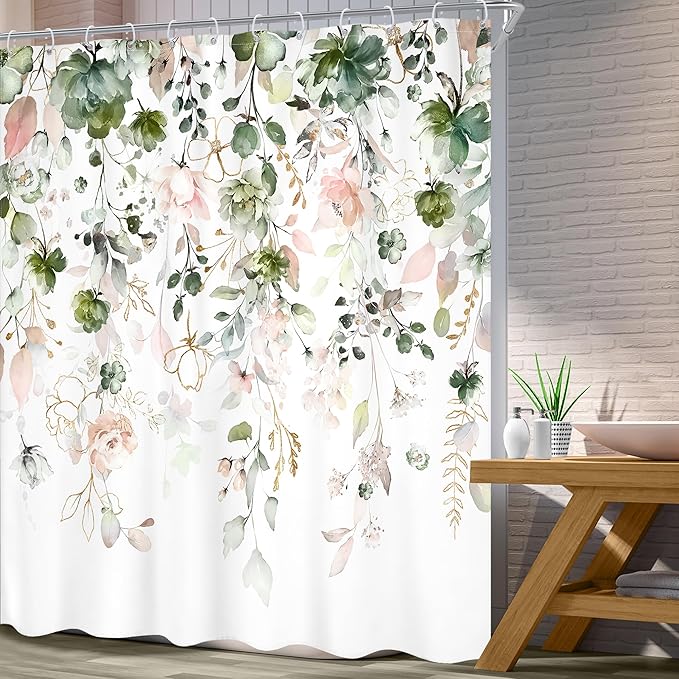 Green Pink Floral Flower Shower Curtain 72Wx84L Inch Summer Wildflower Rustic Eucalyptus Leaves Watercolor Plant Bathroom Set Elegant Botanical Bath Curtain Bathtub Accessories Home Decor