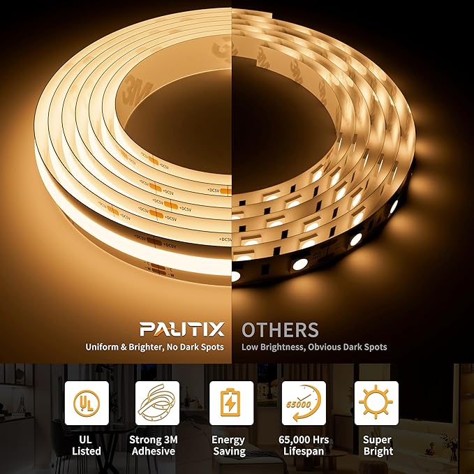 PAUTIX 5V USB CCT Tunable COB LED Strip Light 6.56ft/2m 1280LEDs 1200lm 2700K-6500K Dimmable CRI85+ with RF Remote TV Backlight,Flexible Under Cabinet Tape Light for Bedroom,Kitchen,Home DIY Lighting