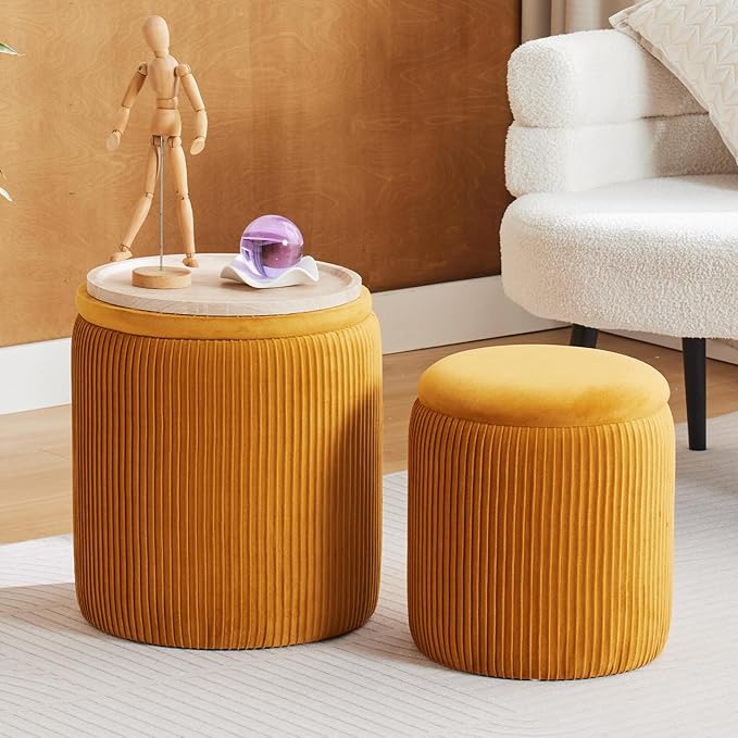 Round Ottoman with Storage Set of 2-Upholstered Velvet Vanity Stool for Makeup Multifunctional Ottomans Coffee Table Padded Seat Foot Rest for Living Room&Bedroom (Yellow-Upgrade Tray Lid)