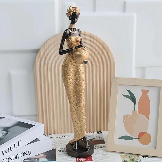 African Traditional Art Handmade Statues, Golden Geometric Pattern Long Skirt Women's Ornaments and Decorations, Suitable for Home Study Display and Cultural Gift Collection