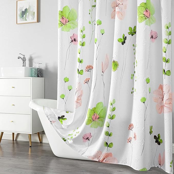 QiyI Watercolor Floral Shower Curtain, 3D Embossed Butterflies Green Pink Flower Bathroom Curtain, Minimalist White Cloth Bath Curtain, Waterproof Fabric Textured Shower Curtain Set with Hooks, 72x72