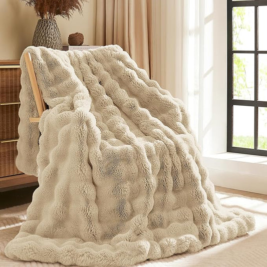 L'AGRATY Faux Rabbit Fur Blanket: 60" x 80" Twin Luxury Soft Fluffy Thick Fur Throw Blanket for Couch Bed Sofa - Cozy Plush Bubble Blankets for Winter: Flannel Fleece Decorative Blanket(Almond White)