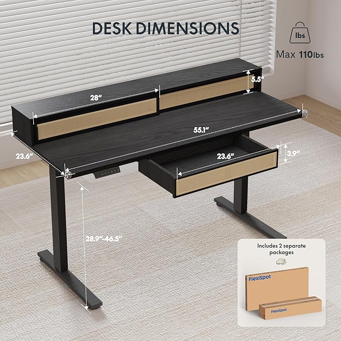 FLEXISPOT Q4 One-Piece Standing Desk with Rattan Drawers, 55 x 24 Inch Adjustable Height, Electric Stand Up Table with Monitor Shelf, Home Office Ergonomic Computer Desk with Memory Presets, Black