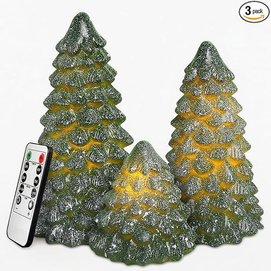Green Christmas Tree Figurines Hand-Painted Tabletop Tree Flameless Candles Real Wax Flickering LED Battery Operated with Remote Lighted Christmas Tree Decoration for Shelf Fireplace Mantel Holiday