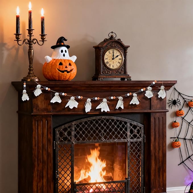 7Ft Halloween Decor Ghost Garland with Wooden Beads - Adjustable Hanging Cute Vintage Banner for Indoor Outdoor Wall Home Fireplace Mantel Spooky Party Decorations