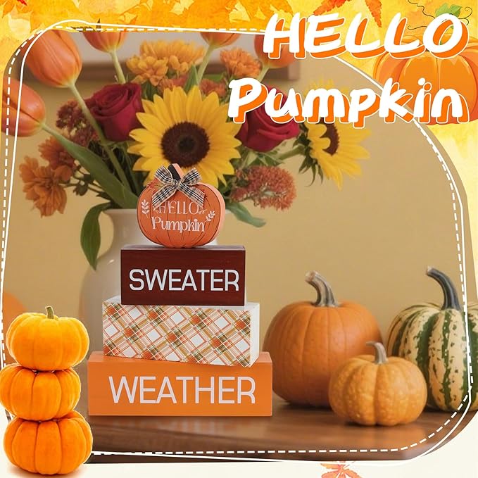 4 Pcs Pumpkin Fall Decor Fall Tiered Tray Decor Autumn Wooden Sign Hello fall Table Decoration Rustic Block Signs Centerpieces Wood Farmhouse Vintage Ornaments Gift for Thanksgiving Home Kitchen