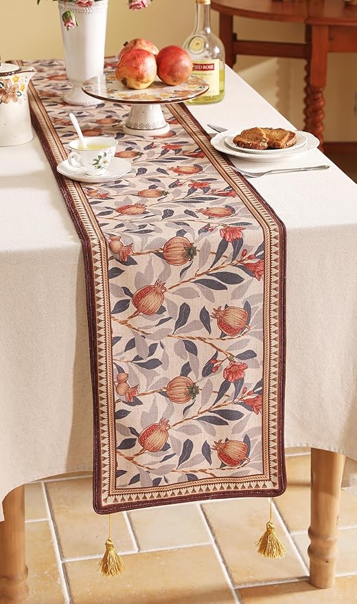 patdrea Designer Vintage SaddleBrown Linen Table Runner 71 Inch Long, Pomegranates Pattern Table Mat, Decoration for Kitchen Dining Table Coffee Table Shelf Cabinet Banquet Christmas ,12"*71"