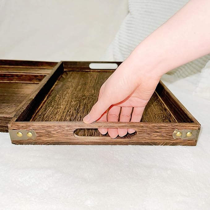 Rustic Wooden Serving Trays with Handle, Serving Platters, Charcuterie Board Set of 3 Nesting Food Trays for Serving Food, Home Decor/Breakfast/Coffee Table/Butler/Ottoman/Bed Tray