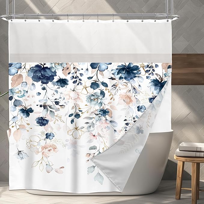 Floral Shower Curtain 72Wx72L Inch with Snap in Liner Spring Blue Pink Flower Eucalyptus Leaf Girl Bathroom Set Watercolor Pastel Plant Botanical Bath Curtain Bathtub Accessories Home Decor