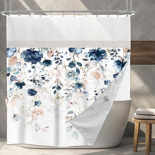 Floral Shower Curtain 72Wx72L Inch with Snap in Liner Spring Blue Pink Flower Eucalyptus Leaf Girl Bathroom Set Watercolor Pastel Plant Botanical Bath Curtain Bathtub Accessories Home Decor