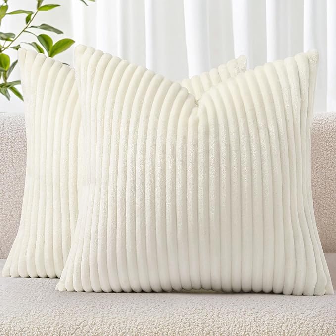 Simmore Decorative Fall Throw Pillow Covers 24x24 Set of 2, Soft Natural Plush Flannel Double-Sided Fluffy Couch Pillow Covers for Sofa Living Room, Cream White