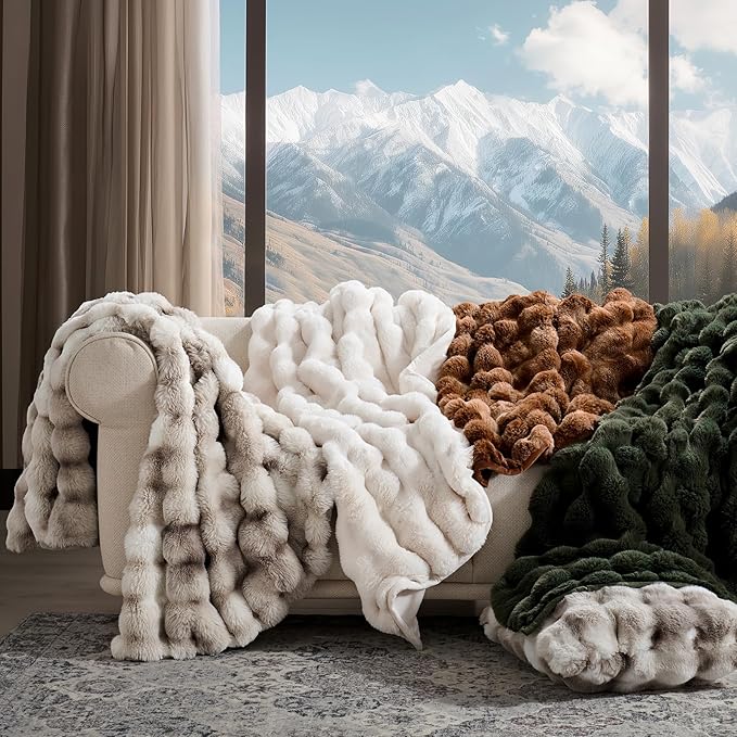 EverGrace Ultra Soft Luxury Fluffy Faux Rabbit Fur Throw Blanket, Thick Warm Bubble Throw for Bed, Cozy Plush Reversible Blankets for Couch, Chair, Sofa, Light Grey, 80x90 Inches