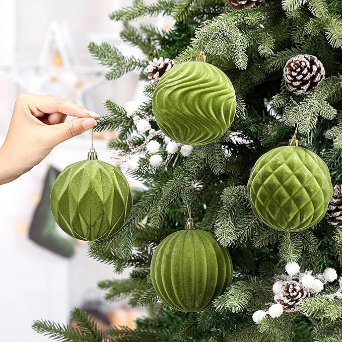4 Pcs 4 Inch Large Velvet Christmas Ball Ornaments Vintage Christmas Plastic Ball Ornaments Flocked Tree Hanging Decoration for Xmas Party Wedding Home Decor(Olive Green)